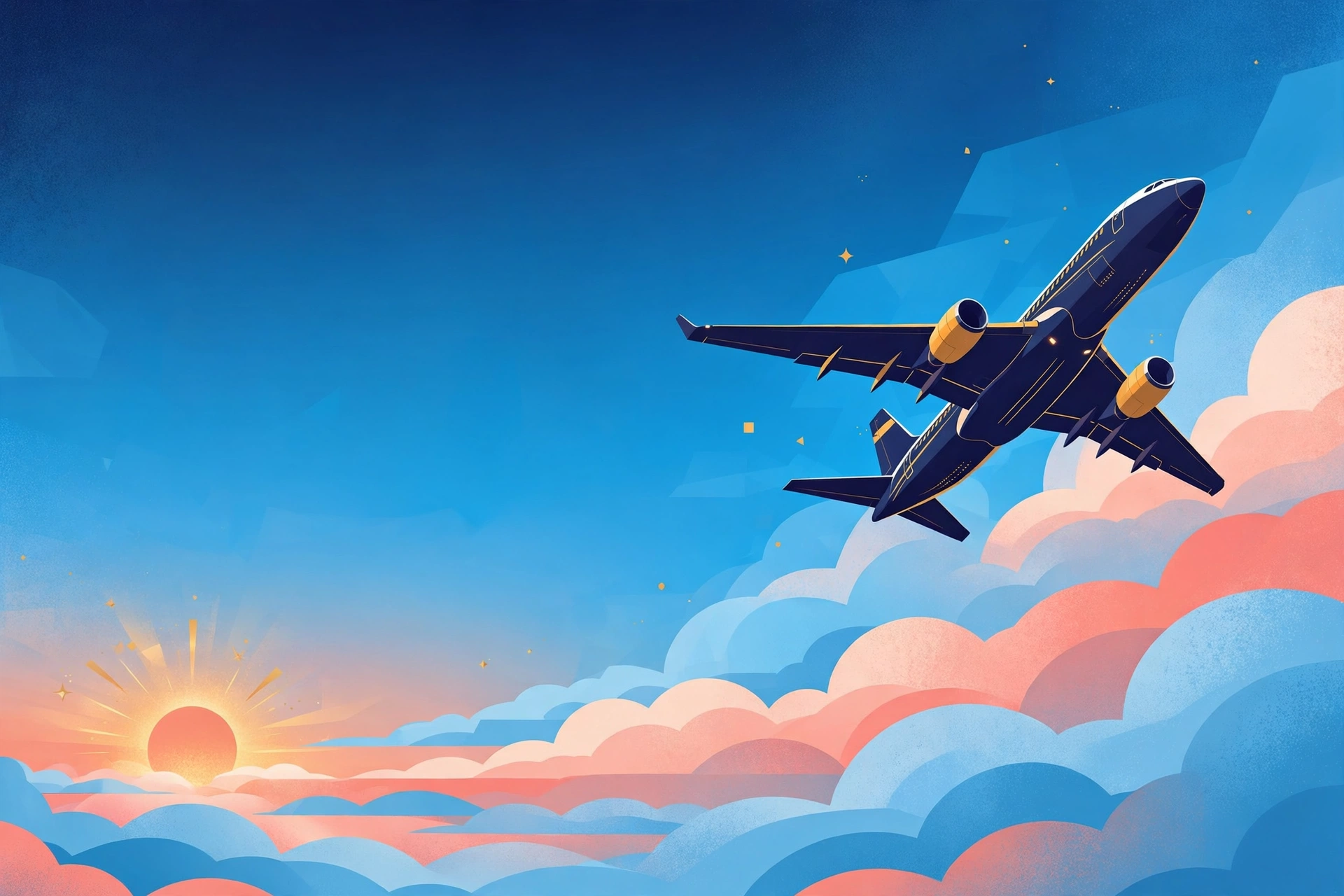 Passenger aeroplane flying above the clouds at sunrise