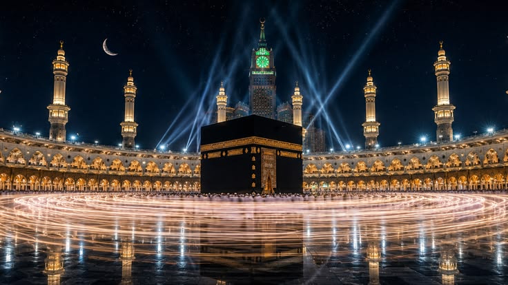 The Kaaba in Masjid al-Haram, Makkah, at night